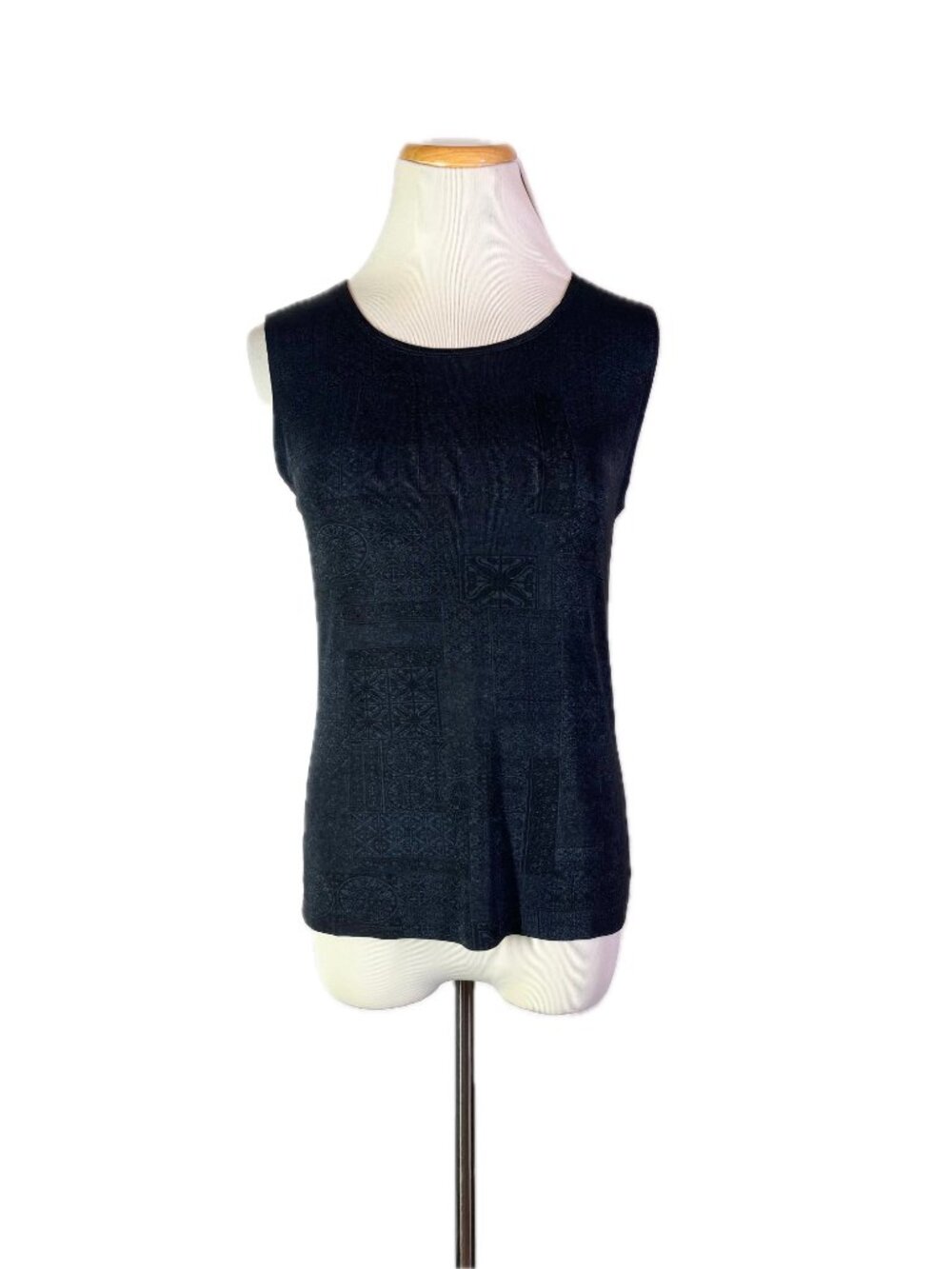 Chico's Design Size 1 (M) Slinky Knit Tank Top Black Blue Print